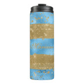 Modern Blauw Goud Glitter Script Naam Thermosbeker (Voorkant)