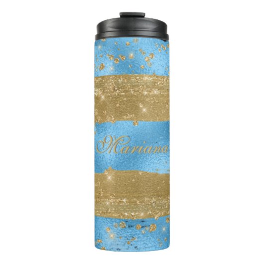 Modern Blauw Goud Glitter Script Naam Thermosbeker (Voorkant)