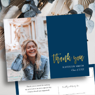 Modern blauw goud script foto Afstuderen dank u Briefkaart