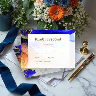 Modern Blauw Goud Sinaasappel Bruiloft RSVP Kaartje