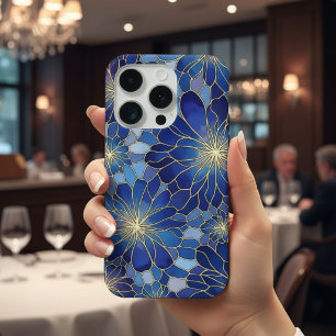 Modern Blauw Gouden Bloemmotief iPhone 15 Pro Hoesje