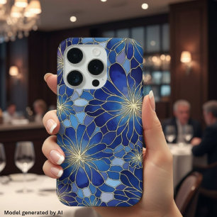 Modern Blauw Gouden Bloemmotief iPhone 15 Pro Hoesje