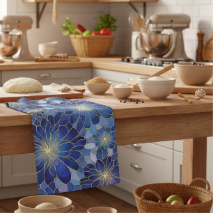 Modern Blauw Gouden Bloemmotief Theedoek
