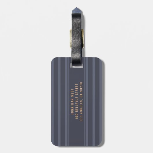 Modern blauw grijs gestreepte aangepaste naam bagagelabel (Achterkant verticaal)