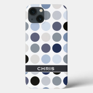 modern blauw grijs polka stippen patroon monogram iPhone 13 hoesje
