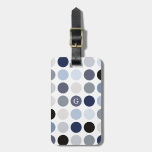 modern blauw - grijze polka - stips monogram bagagelabel