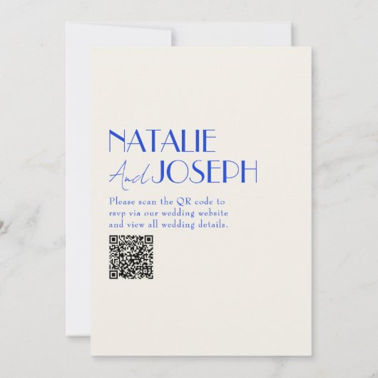 Modern blauw grillige Franse retro QR-code bruilof Kaart (Achterkant)