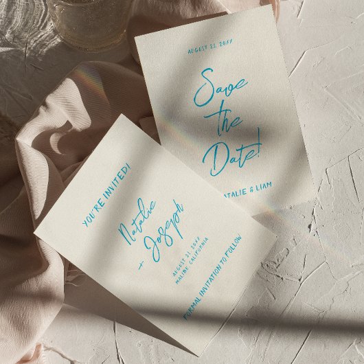 Modern blauw handgeschreven retro grillige bruilof save the date