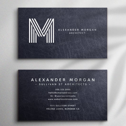 Modern Blauw Leer Trendy Monogram Visitekaartje