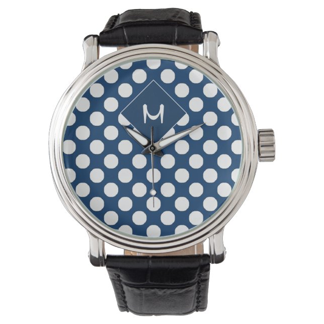 Modern Blauw Marine Wit Monogrammed Horloge (Voorkant)