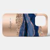 Modern blauw marmer Roos gouden glitter Case-Mate iPhone Case (Achterkant (horizontaal))