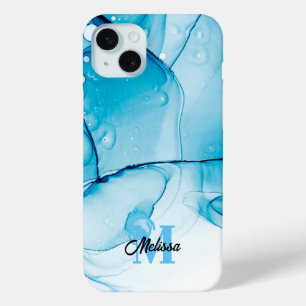 Modern Blauw Marmermonogram iPhone 15 Mini Hoesje