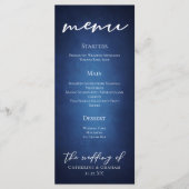 Modern blauw minimalistisch avondbruiloft diner menu (Voorkant)