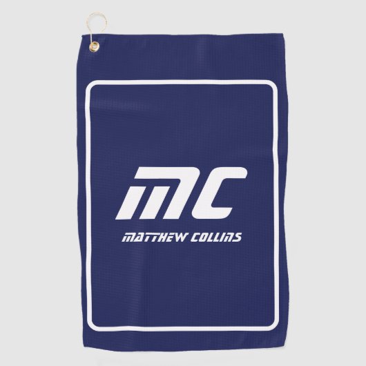Modern blauw monogram minimalistisch wit naam eenv golfhanddoek (Voorkant)