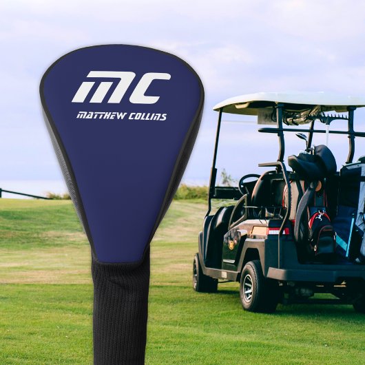 Modern blauw monogram minimalistisch wit naam eenv golfheadcover