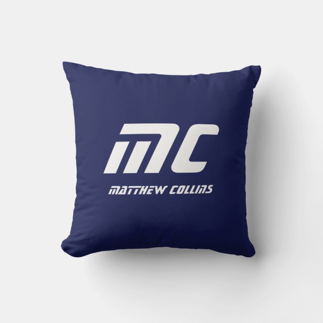 Modern blauw monogram minimalistische naam witte t kussen (Voorkant)