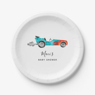 Modern blauw race auto meisje Baby shower papier B Papieren Bordje