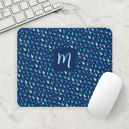 Modern blauw regendruppels monogram muismat