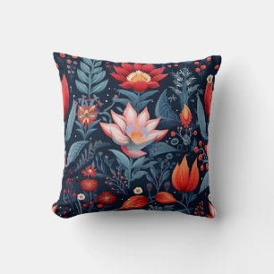 Modern Blauw Rood Bloemen Donker Patroon Decor Kussen