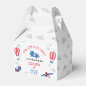 Modern blauw rood vliegtuig Hoe de tijd vliegt 1e Bedankdoosjes (Achterkant)