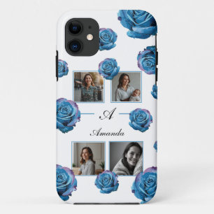 Modern Blauw Roos Monogram Fotocollage Aangepaste  iPhone 11 Hoesje