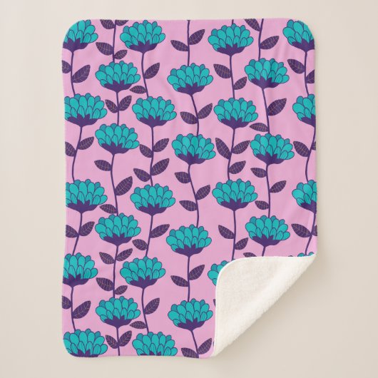 Modern Blauw Roze bloemen patroon Sherpa Deken (Voorkant)