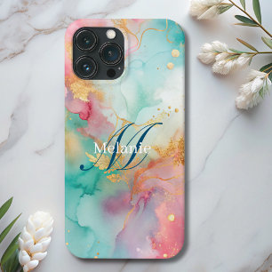 Modern blauw roze gouden waterverf monogram iPhone 13 pro max hoesje