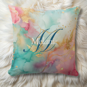 Modern blauw roze gouden waterverf monogram kussen