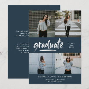 Modern blauw script 4 foto stijlvol afstuderen kaart