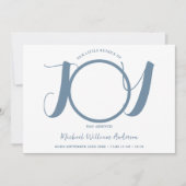 Modern blauw script baby boy drie foto geboorte aankondiging (Voorkant)