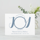 Modern blauw script baby boy drie foto geboorte aankondiging (Staand voorkant)