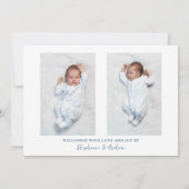 Modern blauw script baby boy drie foto geboorte aankondiging (Achterkant)