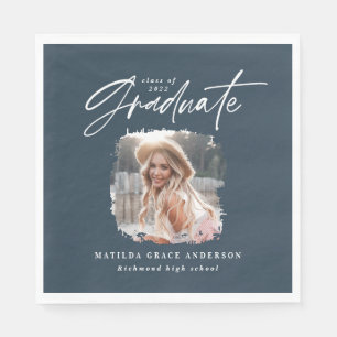 Modern blauw script foto elegant afstuderen servet