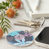 Modern blauw ventilatorroze monogram sleutelhanger (Voorkant Rechts)