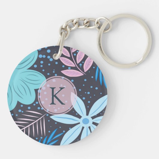 Modern blauw ventilatorroze monogram sleutelhanger (Achterkant)