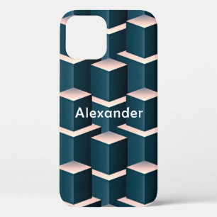 Modern blauw vierkant geometrisch patroon aanpasse iPhone 12 hoesje