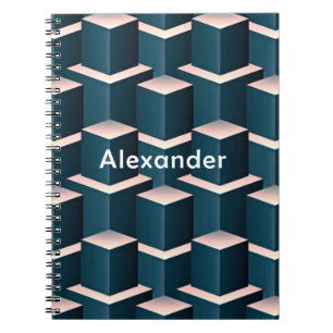 Modern blauw vierkant geometrisch patroon aanpasse notitieboek