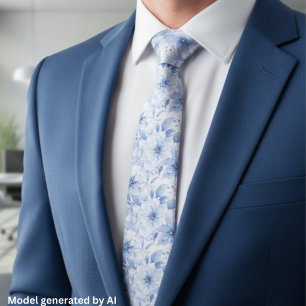 Modern Blauw Waterverf Bloemmotief Stropdas