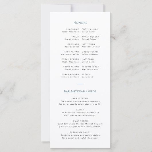 Modern blauw-wit bar mitswa programma Kaart (Achterkant)