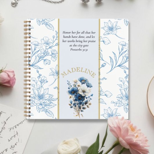 Modern Blauw Wit Bloemen Bijbel Verse Custom Name Notitieboek