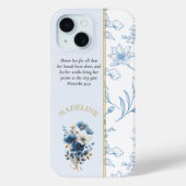 Modern Blauw Wit Bloemen Bijbelvers Case-Mate iPhone Case (Achterkant)