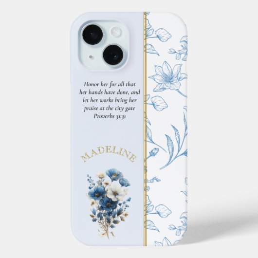Modern Blauw Wit Bloemen Bijbelvers Case-Mate iPhone Case (Achterkant)