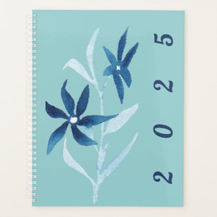 Modern Blauw Wit Bloemen Waterverf Turquoise Planner