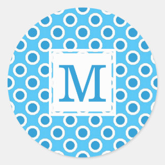 Modern Blauw Wit Grote Stippen Monogrammed Ronde Sticker