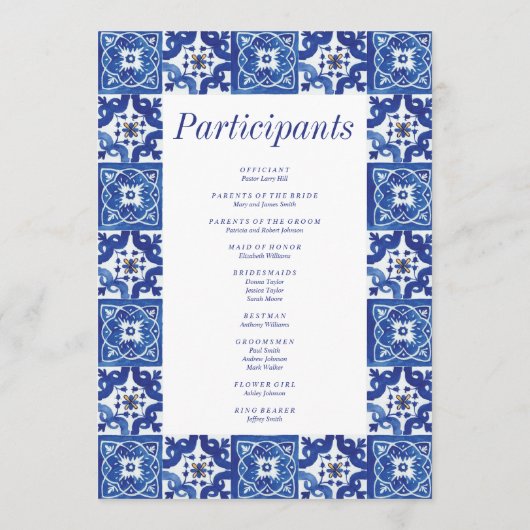 Modern Blauw Wit Mediterraan Bruiloft Programma (Achterkant)