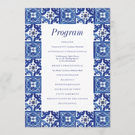 Modern Blauw Wit Mediterraan Bruiloft Programma (Voorkant)