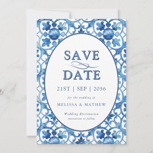 Modern Blauw Wit Mediterraan Bruiloft Save The Date (Voorkant)