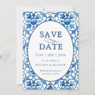 Modern Blauw Wit Mediterraan Bruiloft Save The Date