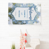 Modern Blauw & Wit Overlay Bloemen bruiloft Spandoek (Insitu)