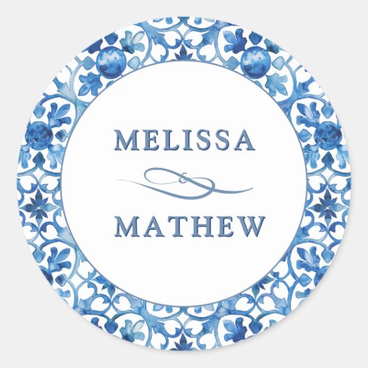 Modern Blauw & Wit Patroon Bruid & Bruidegom Huwel Ronde Sticker (Voorkant)
